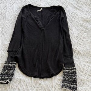 Free People Black Thermal Top with Patterned Knit Cuffs